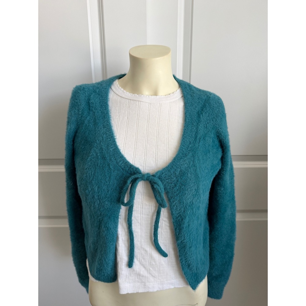 Hollister Teal Blue Fuzzy Eyelash Knit Cropped Tie Front Cardigan Sweater Small